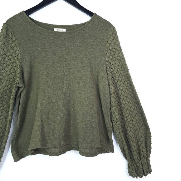 Madewell Olive Green Puff Long Sleeve Eyelet Boxy Fit Scoop Neck Slouchy Top - Picture 4 of 7